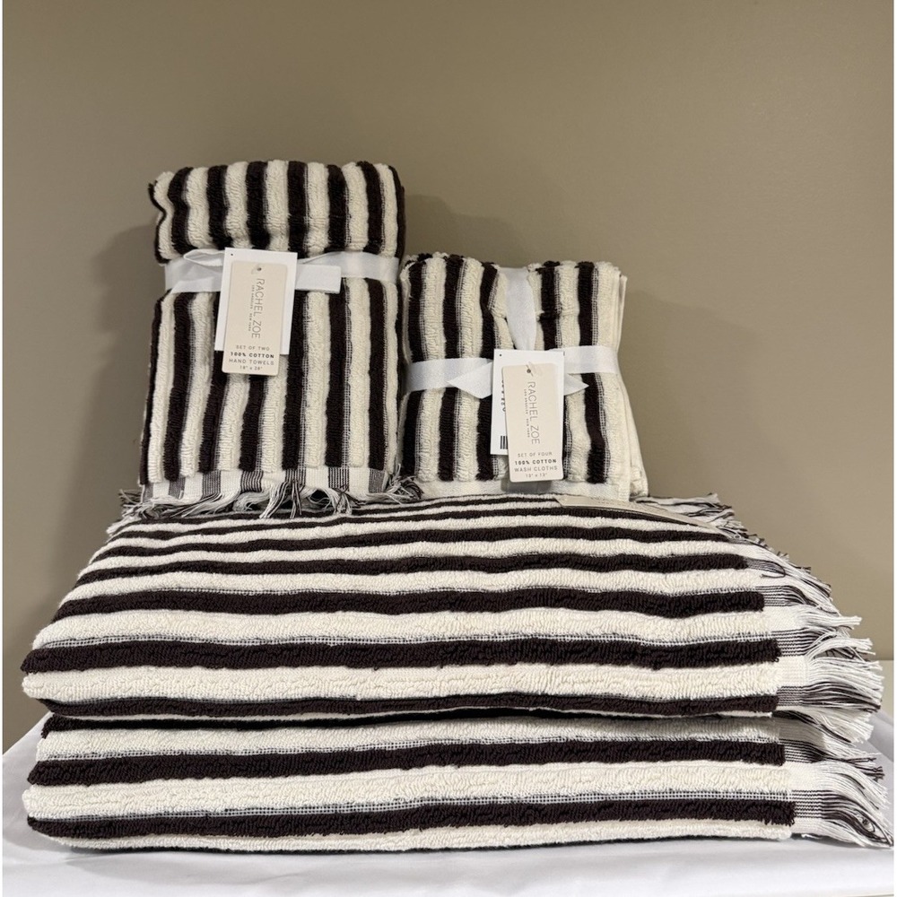 Rachel Zoe Bath Hand Towel Washcloth 8 Pc Bathroom Set Brown Stripes